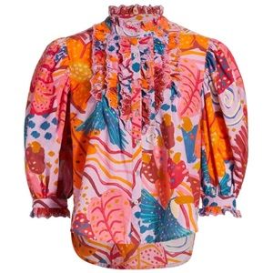 FARM Rio Lilac Colorful Party Blouse with Puff Sleeves, Medium